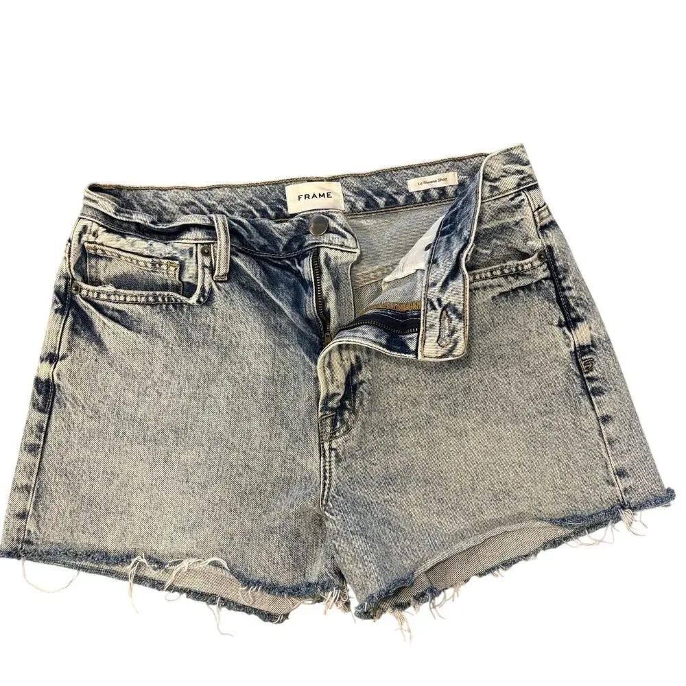 FRAME Le Simone High Rise Cut-Off Denim Shorts Acid Wash Raw Hem Size 29 Retro - Picture 1 of 8
